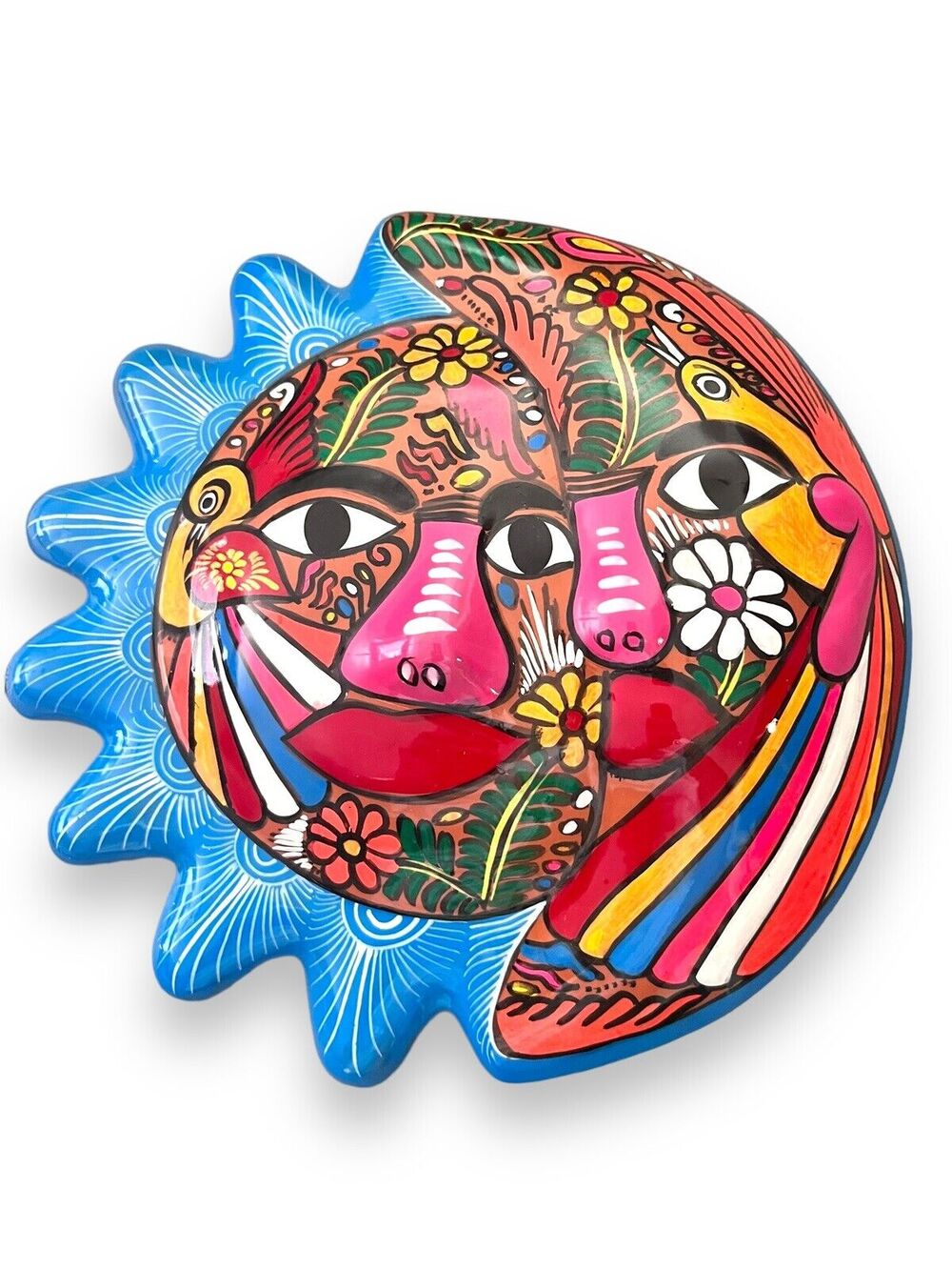 Mexican Folk Art Talavera Moon Sun Colorful Hand Painted Clay Wall Decor 9x9